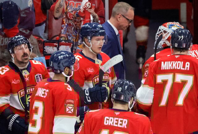 Florida Panthers walk off the ice after losing Game 4 of the Stanley Cup Final in overtime,  Thursday June 12, 2025, at Amerant Bank Arena in Sunrise, Fla.  (Joe Cavaretta/South Florida Sun Sentinel)