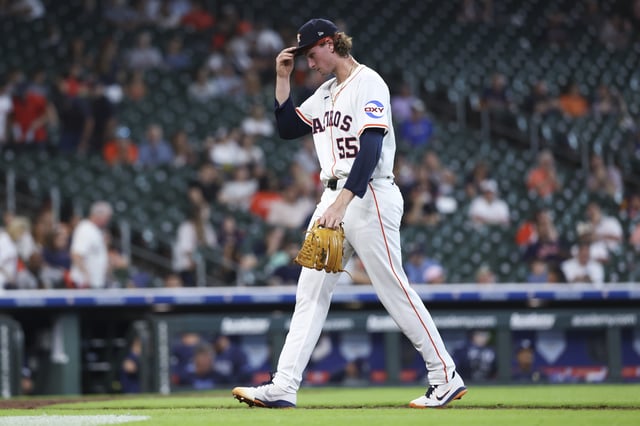 May 31, 2025; Houston, Texas, USA; Houston Astros relief pitcher Forrest Whitley (55) walks off the mound after pitching during the ninth inning against the Tampa Bay Rays at Daikin Park. Mandatory Credit: Troy Taormina-Imagn Images/File Photo