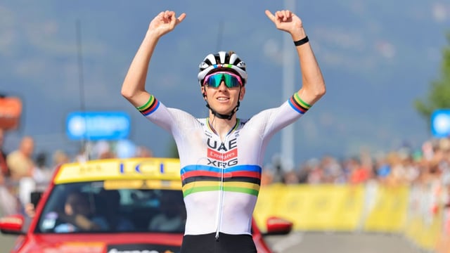 Pogacar crossed the line in Combloux more than a minute clear after his attack seven kilometres from the finish