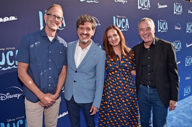 LOS ANGELES, CALIFORNIA - JUNE 17: (L-R) CCO of Pixar Pete Docter, Enrico Casarosa, Andrea Warren, and General Manager/President of Pixar Jim Morris arrive at the world premiere for LUCA, held at the El Capitan Theatre in Hollywood, California on June 17, 2021.