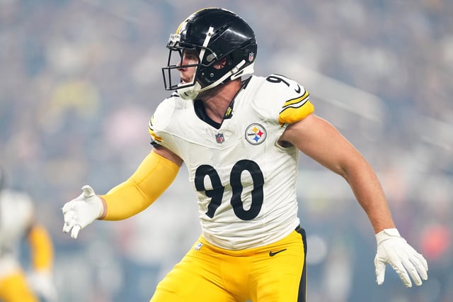 T.J. Watt #90 of the Pittsburgh Steelers in action in the game against the Las Vegas Raiders during the third quarter at Allegiant Stadium on September 24, 2023 in Las Vegas, Nevada.