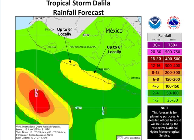 A map from the National Hurricane Center shows possible rainfall amounts in Mexico this weekend.