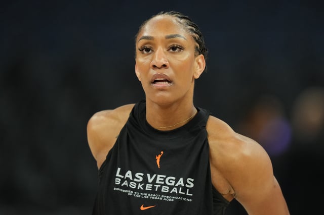 Jun 7, 2025; San Francisco, California, USA; Las Vegas Aces center A'ja Wilson (22) before the game against the Golden State Valkyries at Chase Center. Mandatory Credit: Darren Yamashita-Imagn Images/File Photo