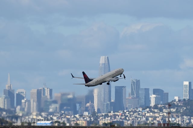 FILE - A Delta Airlines flight takes off from SFO on Feb. 7, 2025.