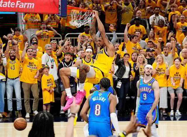 Jun 11, 2025; Indianapolis, Indiana, USA; Indiana Pacers forward Obi Toppin (1) dunks the ball against Oklahoma City Thunder forward Jalen Williams (8) in game three of the 2025 NBA Finals at Gainbridge Fieldhouse. Mandatory Credit: Kyle Terada-Imagn Images