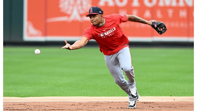 Angels second baseman Christian Moore takes fielding practice before his major league debut against the Baltimore Orioles on Friday night at Camden Yards in Baltimore. The Angels’ first-round draft pick last July, Moore played just 79 games in the minor leagues before being called up. (Photo by Greg Fiume/Getty Images)