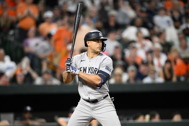 New York Yankees&#39; Giancarlo Stanton in action during a baseball game against the Baltimore Orioles, Monday, April 29, 2024, in Baltimore. (AP Photo/Nick Wass)