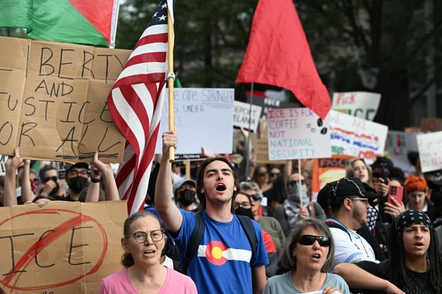 A large crowd of protesters marched through downtown Denver on June 10, 2025. Protesters took to the streets to demonstrate against immigration enforcement actions by the Trump administration. (Photo by Helen H. Richardson/The Denver Post)