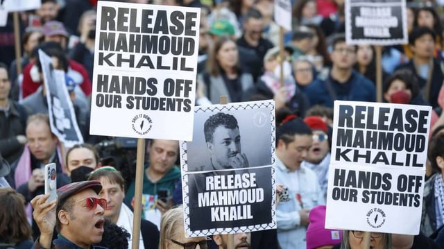 Pro-Palestinian protesters hold flags and signs at the Release Mahmoud Khaul, Hands Off Our Students, ICE off Our Campus rally in Lower Manhattan in New York City on March 10. ICE Immigration officers arrested Mahmoud Khalil, a leader of the protests at Columbia University against Israel's war in Gaza. File photo by John Angelillo/UPI