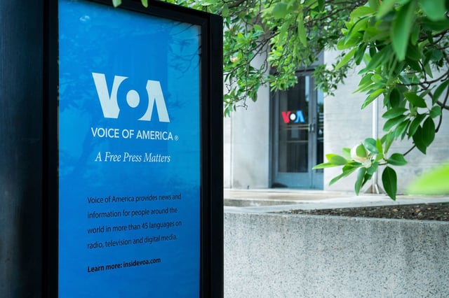 The Voice of America building in Washington, DC on Tuesday, April 27, 2025. President Donald Trump recently fired hundreds of VOA employees, with cuts scheduled to continue after an appeals court ruling. (Photo by Annabelle Gordon/Sipa USA).(Sipa via AP Images)