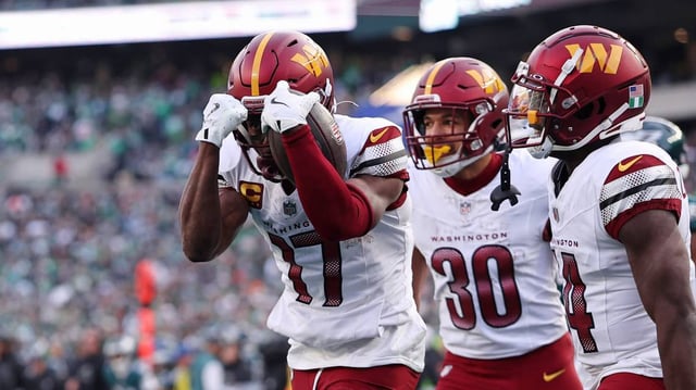 Jan 26, 2025; Philadelphia, PA, USA; Washington Commanders wide receiver Terry McLaurin (17) reacts after a play against the Philadelphia Eagles during the first half in the NFC Championship game at Lincoln Financial Field.