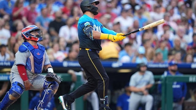 Jun 13, 2025; Philadelphia, Pennsylvania, USA; Philadelphia Phillies designated hitter Kyle Schwarber (12) hits a three-run home run against the Toronto Blue Jays in the second inning at Citizens Bank Park. Mandatory Credit: Kyle Ross-Imagn Images