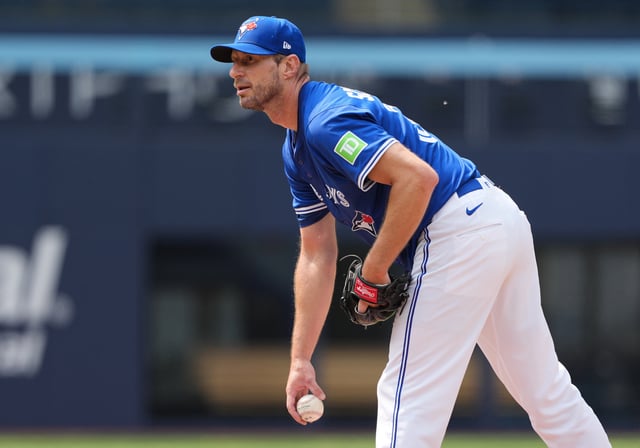 Jun 3, 2025; Toronto, Ontario, CAN; Toronto Blue Jays pitcher Max Scherzer (31) throws a pitch during a live session of batting practice before a game against the Philadelphia Phillies at Rogers Centre. Mandatory Credit: Nick Turchiaro-Imagn Images/File Photo