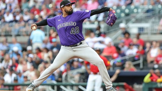 Jun 13, 2025; Cumberland, Georgia, USA; Colorado Rockies pitcher German Marquez (48) pitches the ball against the Atlanta Braves during the first inning at Truist Park. Mandatory Credit: Jordan Godfree-Imagn Images