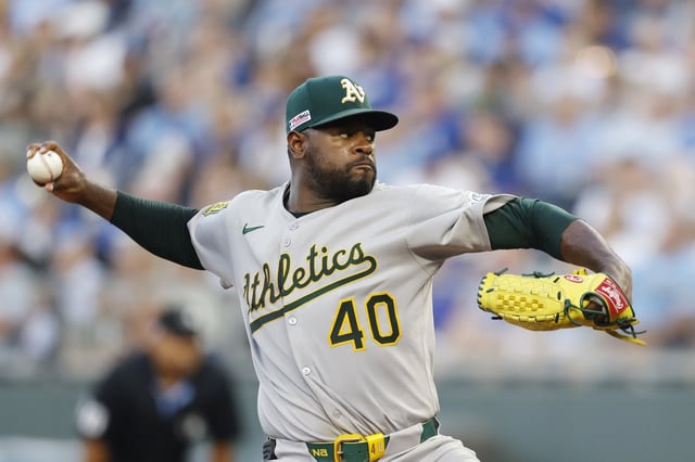 Athletics pitcher Luis Severino delivers to a Kansas City Royals batter during the second inning of a baseball game in Kansas City, Mo., Friday, June 13, 2025. (AP Photo/Colin E. Braley)
