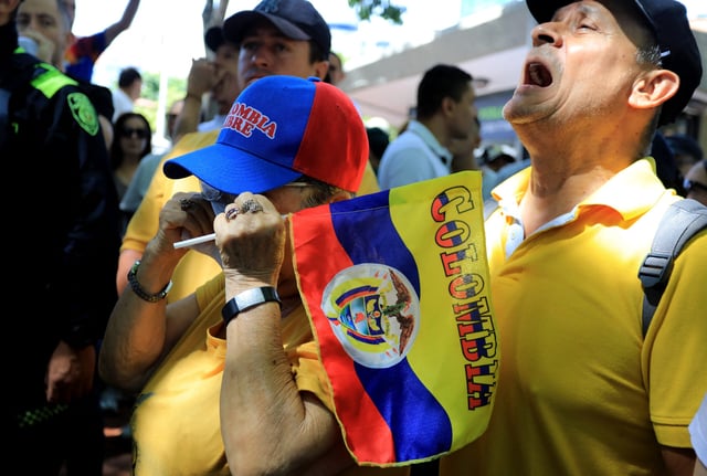 A man shouts slogans during a protest against violence and in favor of peace in Medellin, Colombia, on June 8, 2025, the day after the attack on presidential candidate Miguel Uribe. A prominent Colombian right-wing presidential candidate who was shot during a campaign event in Bogota has successfully undergone initial surgery, the city's mayor said Sunday. Thirty-nine-year-old Senator Miguel Uribe was speaking to supporters in the capital when a gunman shot him twice in the head and once in the knee before being detained. (Photo by JAIME SALDARRIAGA / AFP) (Photo by JAIME SALDARRIAGA/AFP via Getty Images)