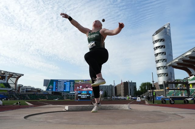 Jun 12, 2025; Eugene, OR, USA; Mya Lesnar of Colorado State wins the women's shot put at 62-4 1/2 (19.01m) during the NCAA Track and Field Championships at Hayward Field. Mandatory Credit: Kirby Lee-Imagn Images