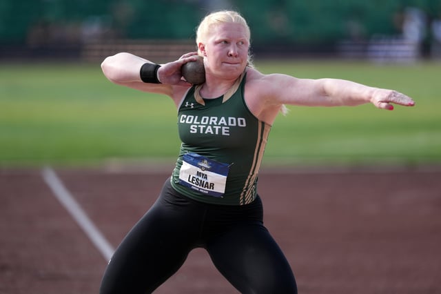 Jun 12, 2025; Eugene, OR, USA; Mya Lesnar of Colorado State wins the women's shot put at 62-4 1/2 (19.01m) during the NCAA Track and Field Championships at Hayward Field. Mandatory Credit: Kirby Lee-Imagn Images