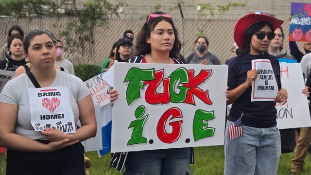 People protest against US Immigration and Customs Enforcement (ICE) outside a detention center in Houston, Texas, on June 13, 2025. Activists call for the release of Margarita Avila, a migrant from Belize who was detained during a street altercation while working as a gardener. According to her relatives, the charges against her are dismissed, but US Immigration and Customs Enforcement (ICE) still keeps her in custody. (Photo by Mois�s �VILA / AFP)