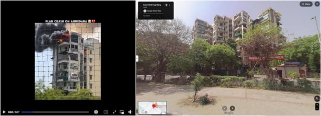 Screenshot of the false video (L) and Google Street View imagery of the area