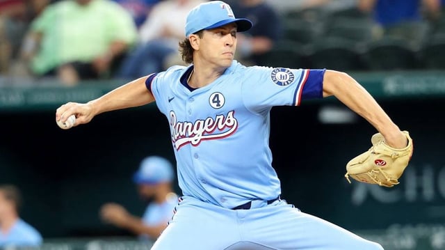 Jun 1, 2025; Arlington, Texas, USA; Texas Rangers starting pitcher Jacob deGrom (48) throws during the first inning against the St. Louis Cardinals at Globe Life Field. Mandatory Credit: Kevin Jairaj-Imagn Images
