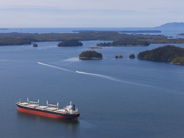  The North Coast of British Columbia near Prince Rupert with a cargo ship in the protected harbour.