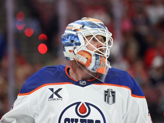 Calvin Pickard #30 of the Edmonton Oilers looks on after a goalie change during the second period against the Florida Panthers in Game 4 of the 2025 Stanley Cup Final at Amerant Bank Arena on June 12, 2025, in Sunrise, Fla.