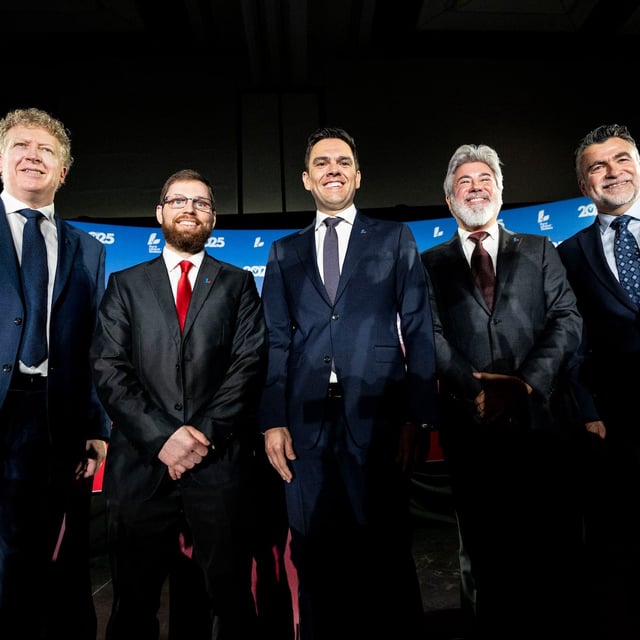 Quebec Liberal Party leadership candidates, from left, Marc Bélanger, Mario Roy, Charles Milliard, Pablo Rodriguez and Karl Blackburn pose for a photograph following the Quebec Liberal Party French-language leadership debate in Laval, Que., Saturday, May 3, 2025. THE CANADIAN PRESS/Christopher Katsarov