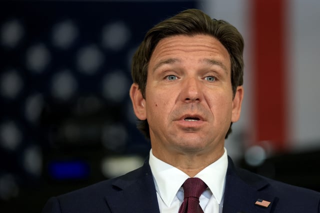 Florida Gov. Ron DeSantis speaking during a press conference held at the ICE-Enforcement and Removal Operation office on May 01, 2025 in Miramar, Florida.