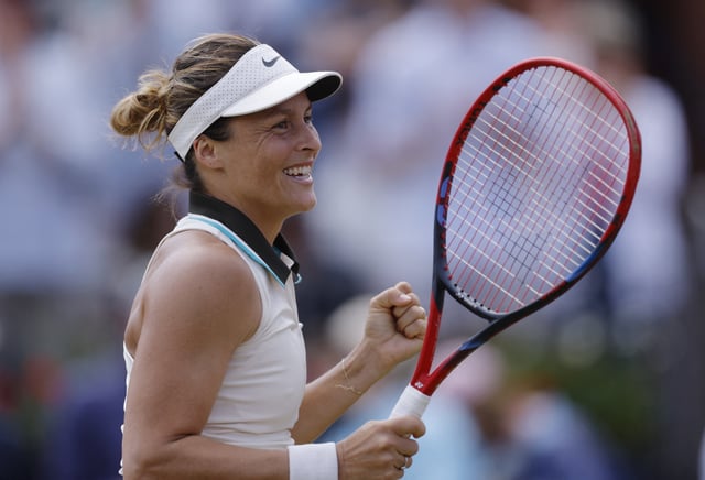 Tennis - Queen's Club Championships - Queen's Club, London, Britain - June 14, 2025 Germany's Tatjana Maria celebrates after winning her semi final match against Madison Keys of the U.S. Action Images via Reuters/Andrew Couldridge