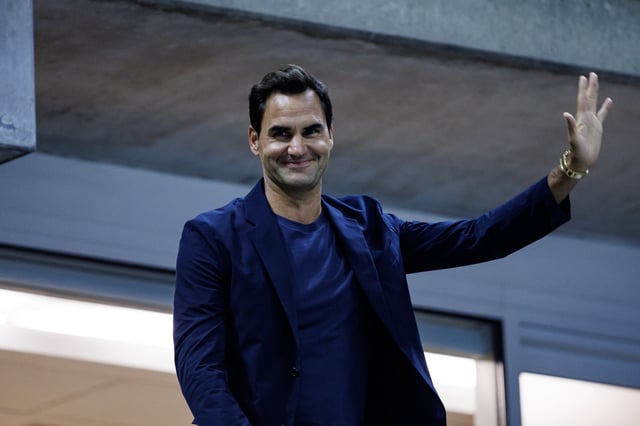 Sep 3, 2024; Flushing, NY, USA; Roger Federer watches Aryna Sabalenka of Russia playing Qinwen Zheng of China on day nine of the U.S. Open tennis tournament at the USTA Billie Jean King National Tennis Center. Mandatory Credit: Mike Frey-Imagn Images/File Photo