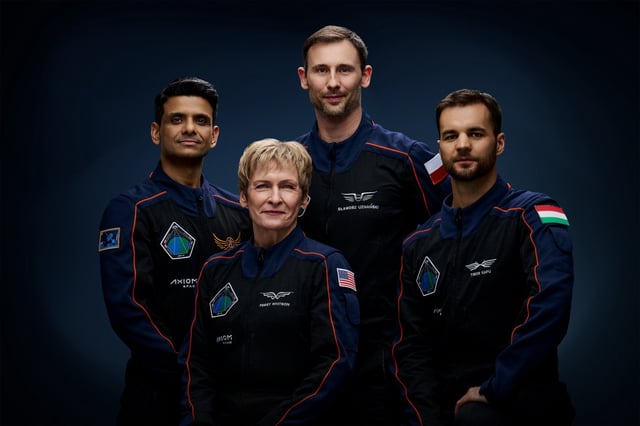 The Axiom Space Ax-4 mission crew includes from left to right Shubhanshu Shukla of India, Sławosz Uznański of Poland and Tibor Kapu of Hungary as well as Axiom Space employee and commander Peggy Whitson. (Courtesy/Axiom Space)