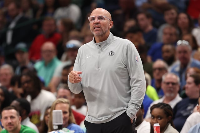 DALLAS, TEXAS - APRIL 11: Head coach Jason Kidd of the Dallas Mavericks gives instructions to his team during the first half against the Toronto Raptors at American Airlines Center on April 11, 2025 in Dallas, Texas.