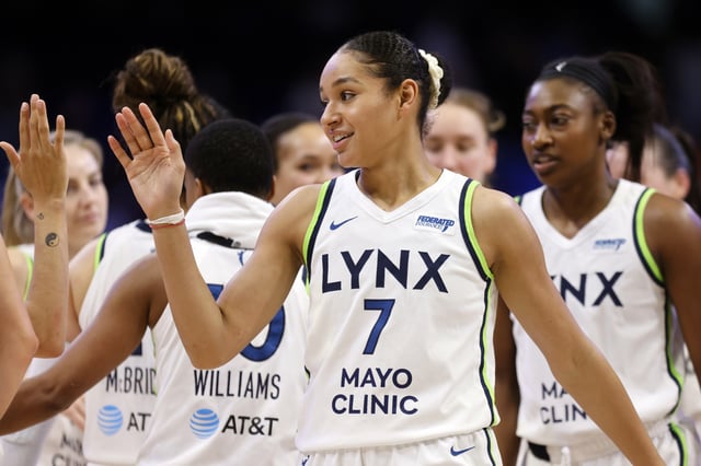 Anastasiia Olairi Kosu #7 of the Minnesota Lynx celebrates the team&#39;s win over the Dallas Wings at College Park Center on June 8, 2025 in Arlington, Texas. NOTE TO USER: User expressly acknowledges and agrees that, by downloading and/or using this photograph, user is consenting to the terms and conditions of the Getty Images License Agreement.