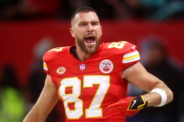 Travis Kelce #87 of the Kansas City Chiefs reacts prior to the NFL match between Miami Dolphins and Kansas City Chiefs at Deutsche Bank Park on November 05, 2023 in Frankfurt am Main, Germany.