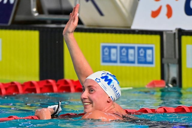 La nageuse française Anastasiia Kirpichnikova  après sa victoire sur 400 m nage libre aux championnats de France, le 14 juin 2025 à Montpellier