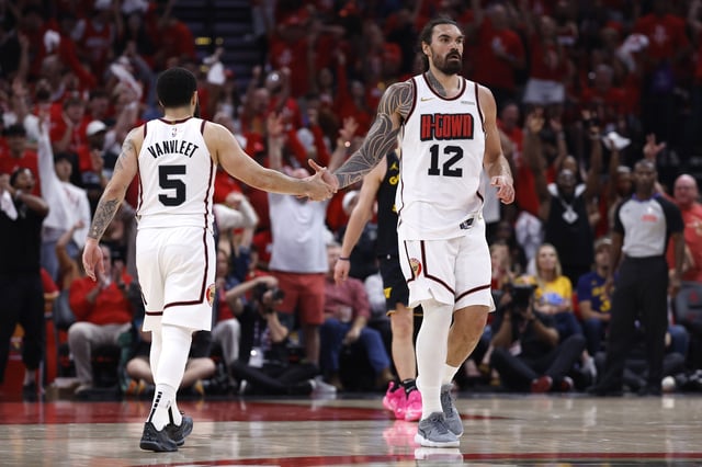 HOUSTON, TEXAS - MAY 04: Steven Adams #12 of the Houston Rockets celebrates with Fred VanVleet #5 against the Houston Rockets during the third quarter in Game Seven of the Western Conference First Round NBA Playoffs at Toyota Center on May 04, 2025 in Houston, Texas.