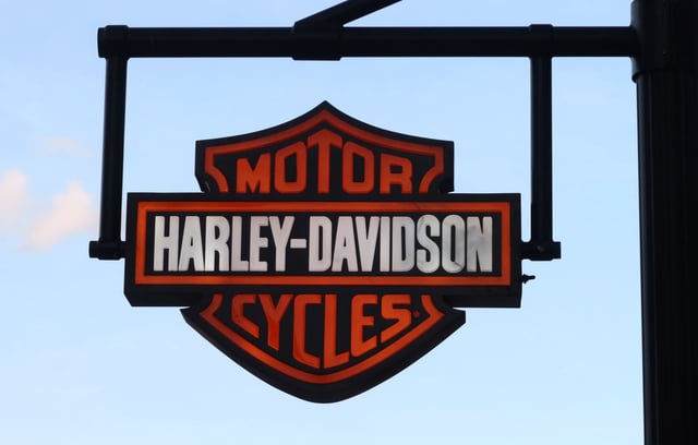 The corporate logo for Harley Davidson Motorcycles is displayed at their store at Disney Springs at Walt Disney World on June 1, 2024, in Orlando, Florida. 