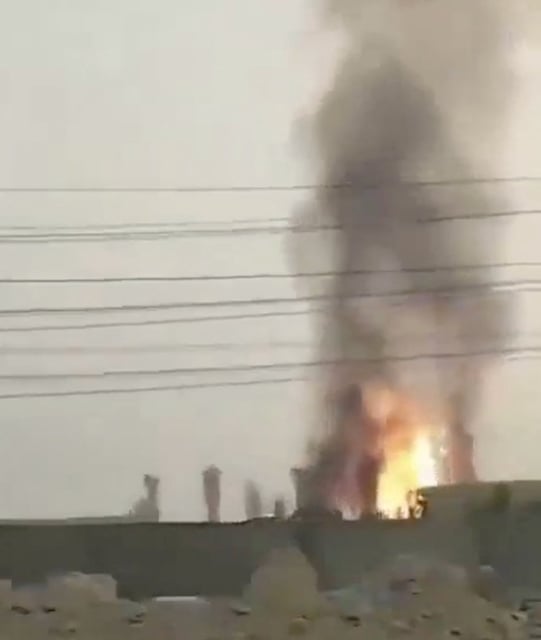 A fire burns at South Pars gas field, in Tonbak, Bushehr Province, Iran, in this screen grab from a handout video released on June 14, 2025. Social Media/via REUTERS  THIS IMAGE HAS BEEN SUPPLIED BY A THIRD PARTY. MANDATORY CREDIT. NO RESALES. NO ARCHIVES. NEWS USE ONLY.