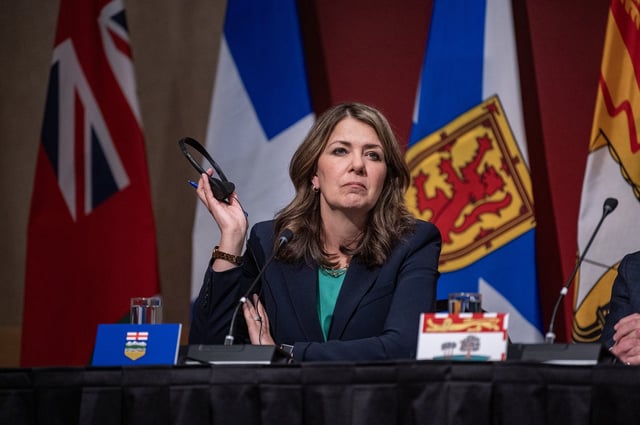 Premier of Alberta Danielle Smith speaks to media following the First Minister’s Meeting in Saskatoon, Sask., Monday, June 2, 2025. THE CANADIAN PRESS/Liam Richards