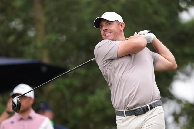 Jun 14, 2025; Oakmont, Pennsylvania, USA; Rory McIlroy plays his shot from the first tee during the third round of the U.S. Open golf tournament. Mandatory Credit: Bill Streicher-Imagn Images