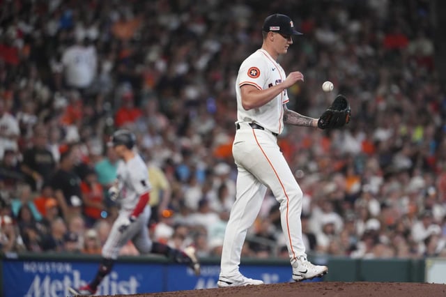 Houston Astros starting pitcher Hunter Brown (58) reacts after giving up a 2-run home run to Minnesota Twins third base Brooks Lee during the fifth inning of an MLB baseball game in Houston, Saturday, June 14, 2025.