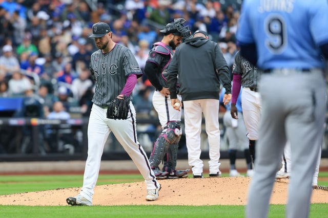 NEW YORK, NEW YORK - JUNE 14: Tylor Megill #38 of the New York Mets walks off the field after being removed from the game during the fourth inning against the Tampa Bay Rays at Citi Field on June 14, 2025 in New York City. (Photo by Dustin Satloff/Getty Images)