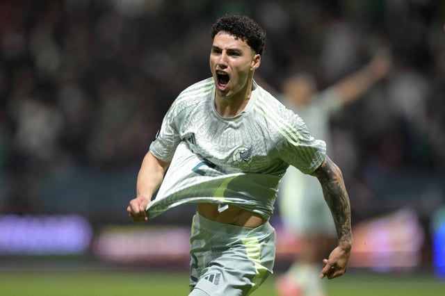Jorge Sanchez celebrates after scoring his team&#39;s third goal during the National League of Concacaf quarterfinal second leg match between Mexico and Honduras at the Nemesio Díez Stadium in Tocula, Mexico State, Mexico, on November 19, 2024.