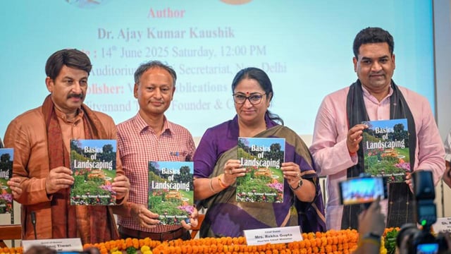 Delhi chief minister Rekha Gupta with Manoj Tiwari, Kapil Mishra, during the launch of the book at the Delhi Secretariat on Saturday. (Sanchit Khanna/HT Photo)