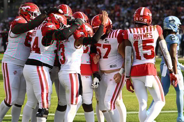 Calgary Stampeders celebrate scoring a touchdown against the Toronto Argos during second half CFL football action in Toronto, Saturday, June 14, 2025.