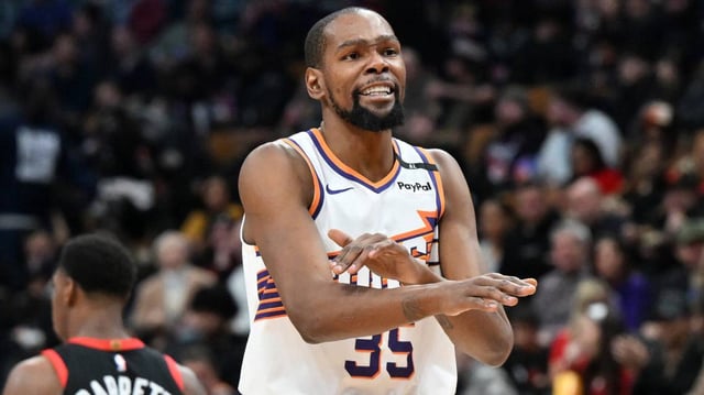 Phoenix Suns forward Kevin Durant gestures to the referee for a foul call against the Toronto Raptors at Scotiabank Arena.