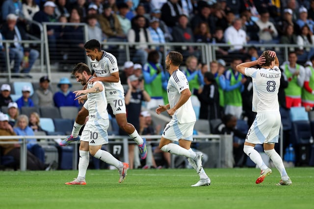 ST PAUL, MINNESOTA – JUNE 14: Anders Dreyer #10 of San Diego FC (L) celebrates his goal against Minnesota United with teammates in the first half at Allianz Field on June 14, 2025 in St Paul, Minnesota. (Photo by David Berding/Getty Images)