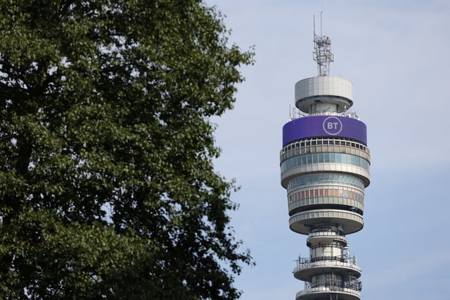 A view of BT Group logo displayed on BT tower, in London, Britain, July 21, 2023. REUTERS/Hollie Adams