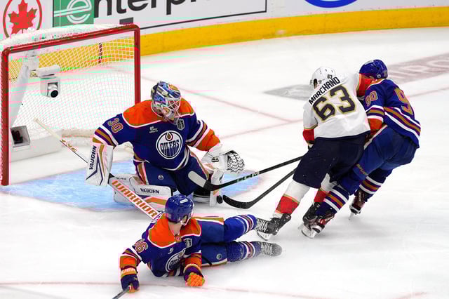 Brad Marchand of the Florida Panthers scores his second goal of the night and sixth of the series in Game 5 of the Stanley Cup Final.
